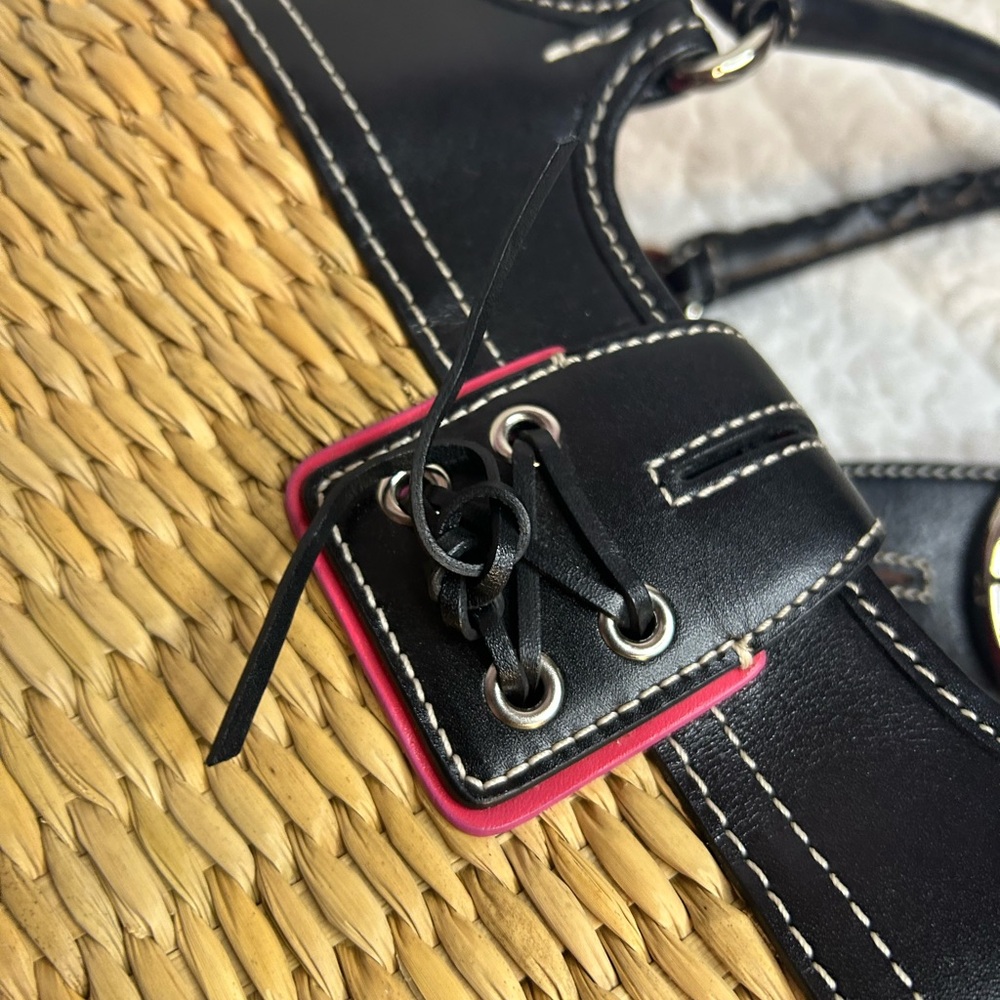 Coach Straw Tote Black Leather Pink Signature Lining RARE - Picture 7 of 10
